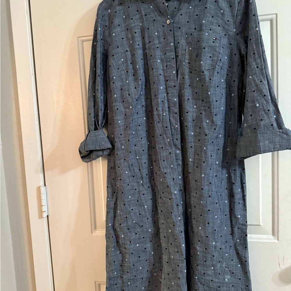 NWOT Tommy Hilfiger Long Sleeve Blue Denim Dress with Polka Dots